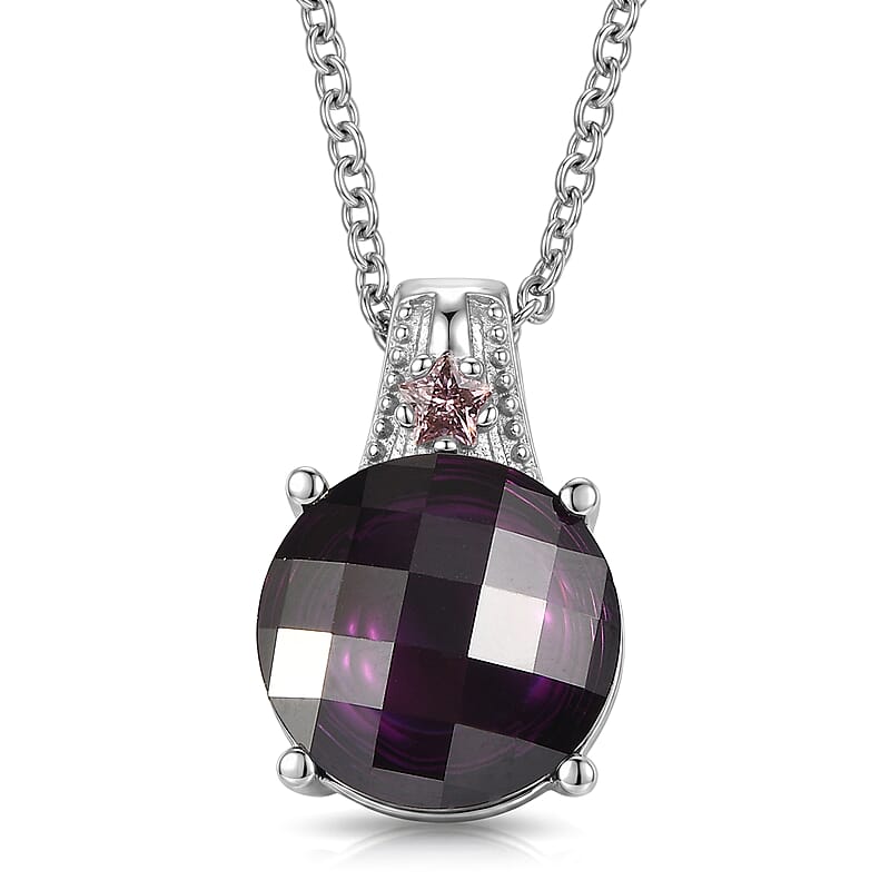 EverTrue Simulated Amethyst Color and Pink Diamond Pendant Necklace in Stainless Steel 20 Inches