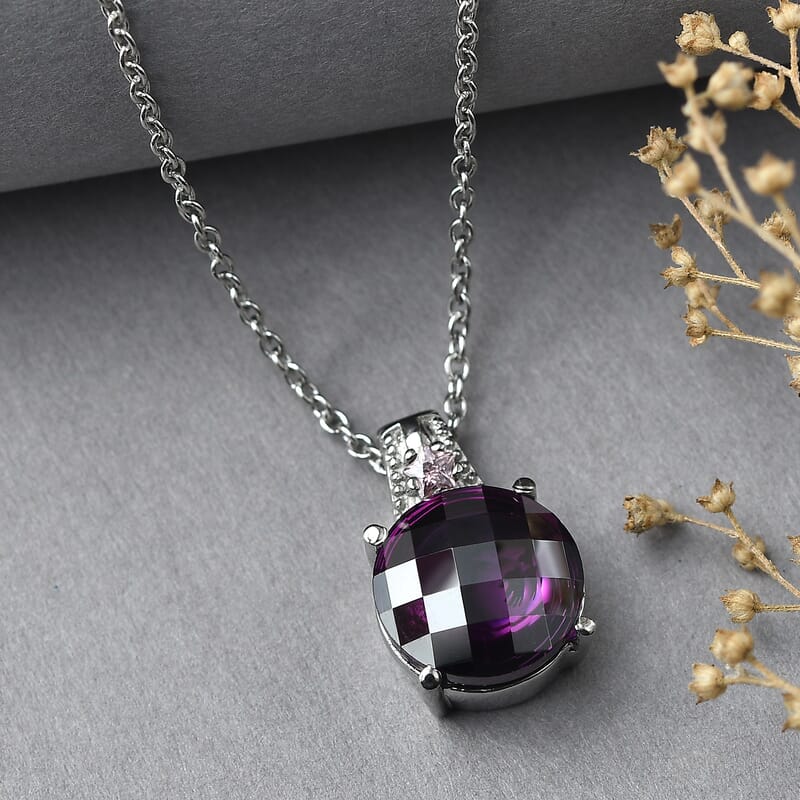 EverTrue Simulated Amethyst Color and Pink Diamond Pendant Necklace in Stainless Steel 20 Inches