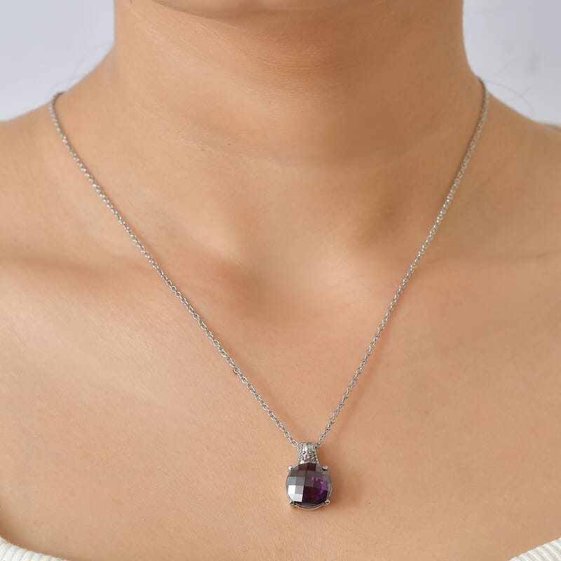 EverTrue Simulated Amethyst Color and Pink Diamond Pendant Necklace in Stainless Steel 20 Inches
