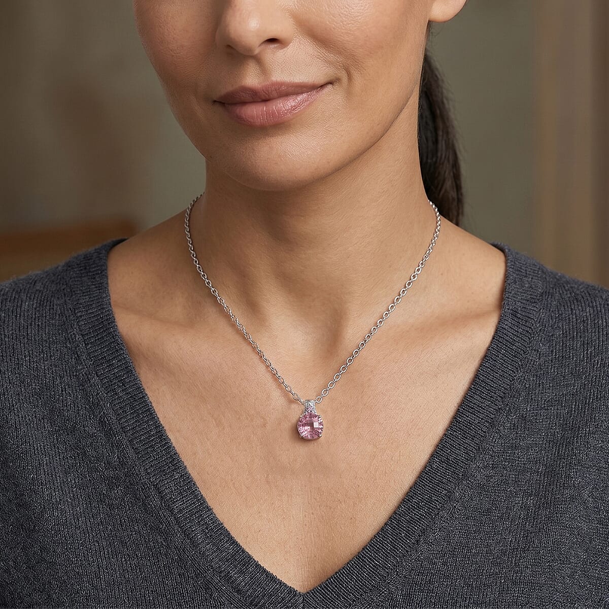 EverTrue Simulated Pink Diamond Pendant Necklace in Stainless Steel 20 Inches  image number 1