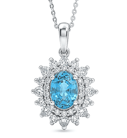 Certified & Appraised D'Joy Premium Cambodian Blue Zircon and Moissanite 3.58 ctw Pendant Necklace (20 Inches) in Rhodium Over Sterling Silver