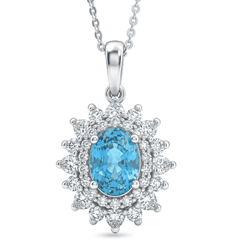 Certified & Appraised D'Joy Premium Cambodian Blue Zircon and Moissanite 3.58 ctw Pendant Necklace (20 Inches) in Rhodium Over Sterling Silver