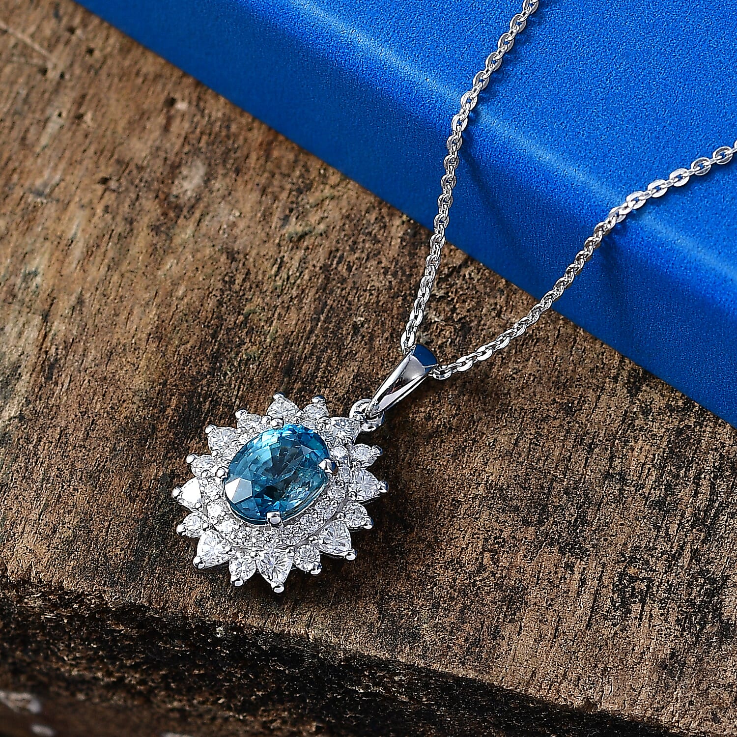 Certified & Appraised D'Joy Premium Cambodian Blue Zircon and Moissanite 3.58 ctw Pendant Necklace (20 Inches) in Rhodium Over Sterling Silver