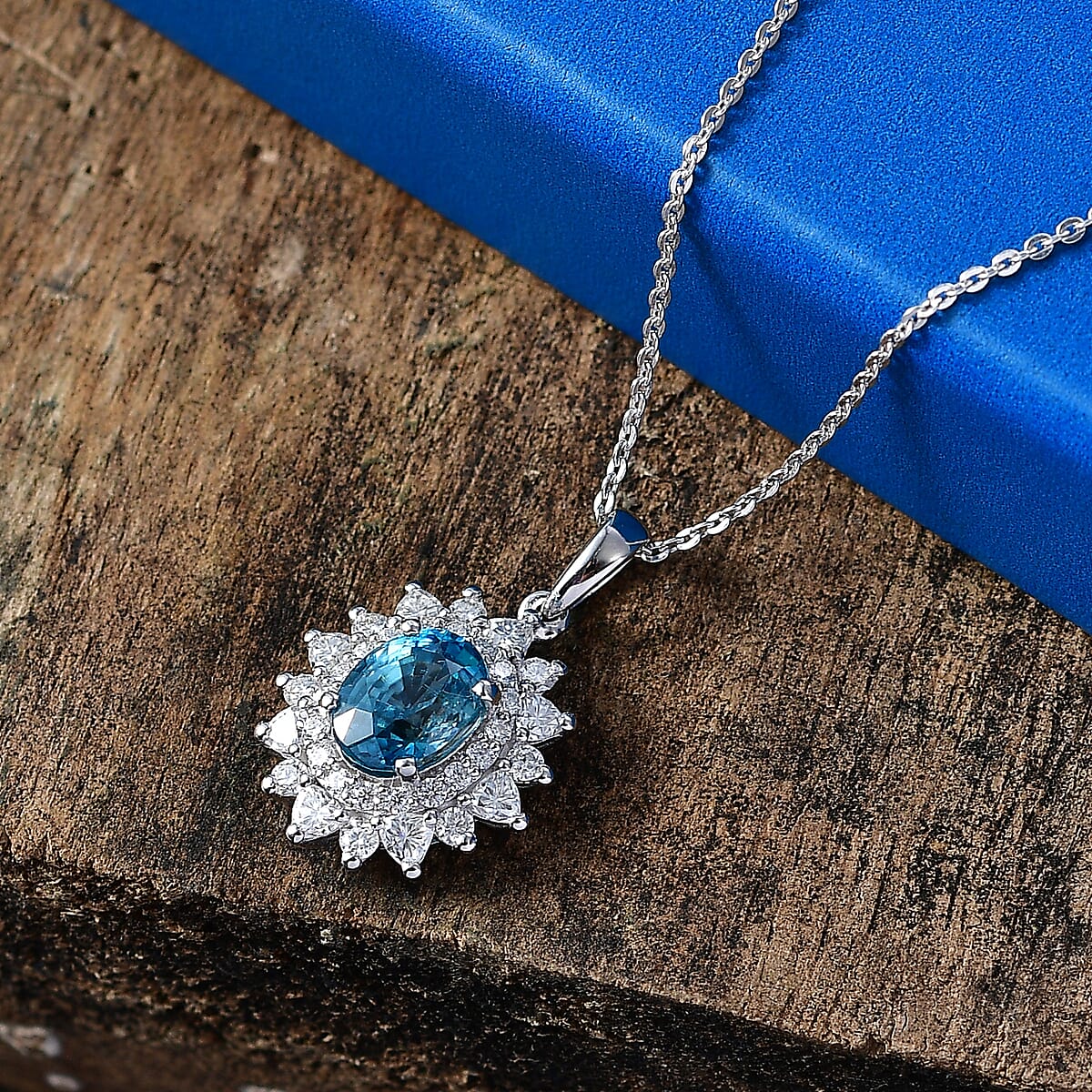 Certified & Appraised D'Joy Premium Cambodian Blue Zircon and Moissanite 3.58 ctw Pendant Necklace (20 Inches) in Rhodium Over Sterling Silver (Ships in 10-15 Days) image number 1
