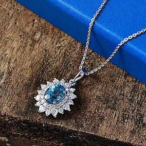 Certified & Appraised D'Joy Premium Cambodian Blue Zircon and Moissanite 3.58 ctw Pendant Necklace (20 Inches) in Rhodium Over Sterling Silver (Ships in 10-15 Days)