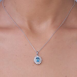 Certified & Appraised D'Joy Premium Cambodian Blue Zircon and Moissanite 3.58 ctw Pendant Necklace (20 Inches) in Rhodium Over Sterling Silver (Ships in 10-15 Days)