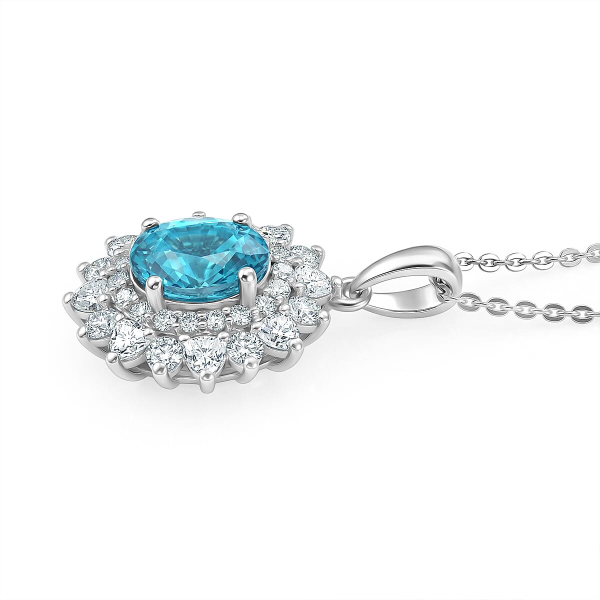 Certified & Appraised D'Joy Premium Cambodian Blue Zircon and Moissanite 3.58 ctw Pendant Necklace (20 Inches) in Rhodium Over Sterling Silver