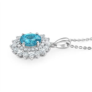 Certified & Appraised D'Joy Premium Cambodian Blue Zircon and Moissanite 3.58 ctw Pendant Necklace (20 Inches) in Rhodium Over Sterling Silver (Ships in 10-15 Days)