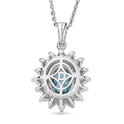Certified & Appraised D'Joy Premium Cambodian Blue Zircon and Moissanite 3.58 ctw Pendant Necklace (20 Inches) in Rhodium Over Sterling Silver