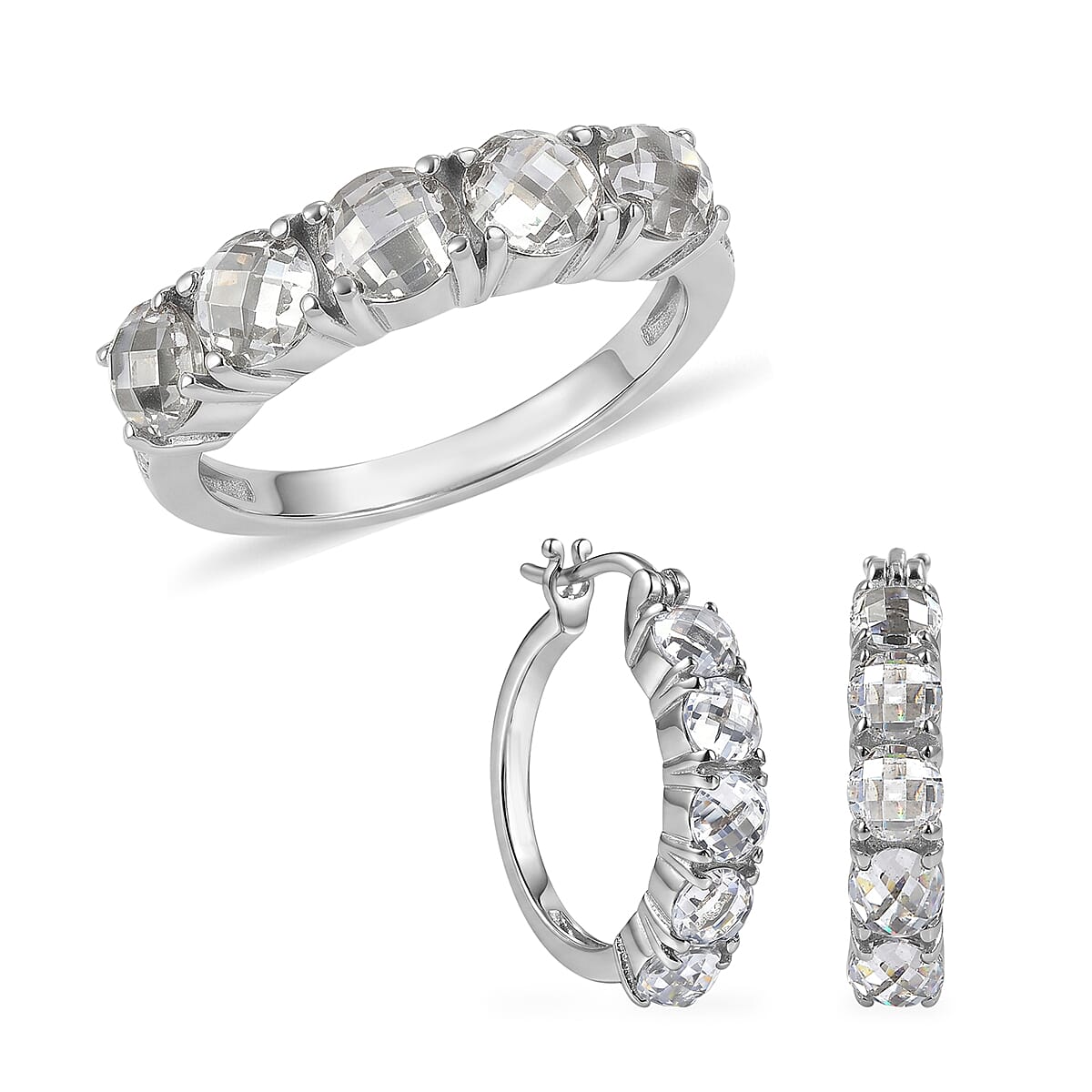 EverTrue Simulated Diamond Hoop Earrings and Half Eternity Band Ring (Size 5) in Stainless Steel
