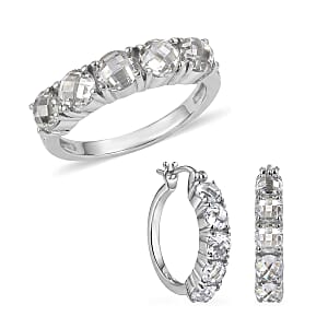 EverTrue Simulated Diamond Hoop Earrings and Half Eternity Band Ring (Size 6) in Stainless Steel