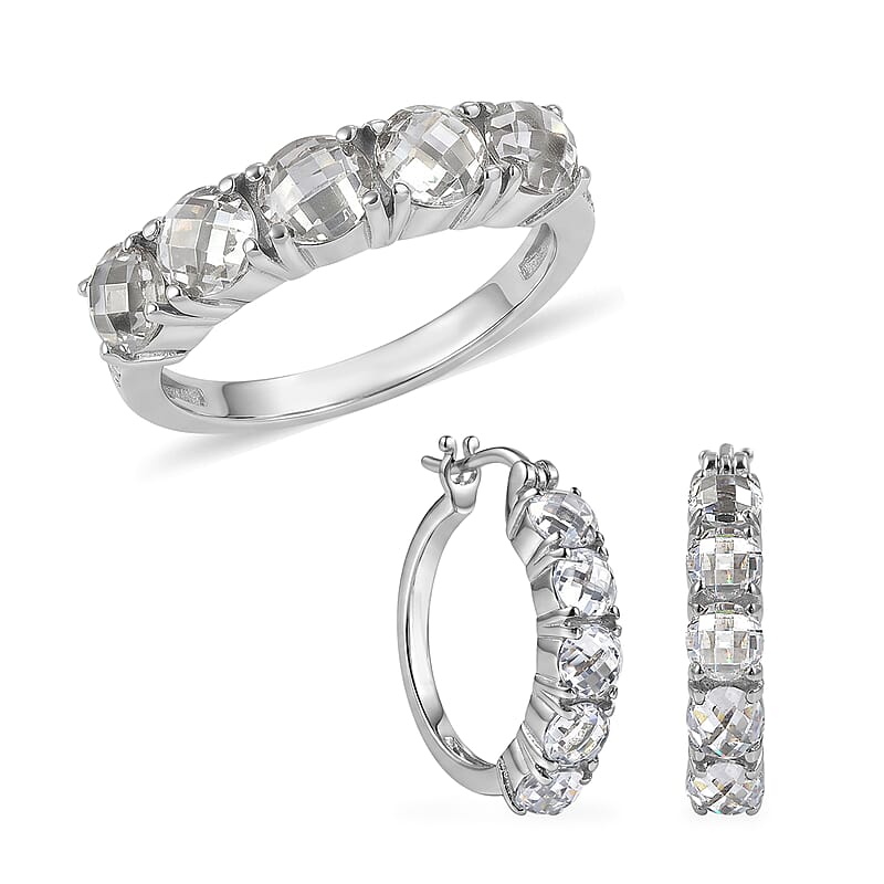 EverTrue Simulated Diamond Hoop Earrings and Half Eternity Band Ring (Size 6) in Stainless Steel