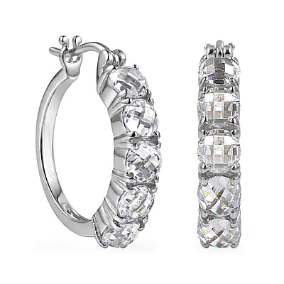 EverTrue Simulated Diamond Hoop Earrings and Half Eternity Band Ring (Size 6) in Stainless Steel