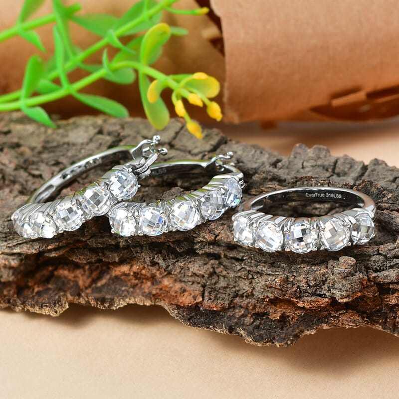 EverTrue Simulated Diamond Hoop Earrings and Half Eternity Band Ring (Size 9) in Stainless Steel