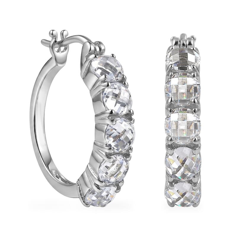 EverTrue Simulated Diamond Hoop Earrings and Half Eternity Band Ring (Size 9) in Stainless Steel