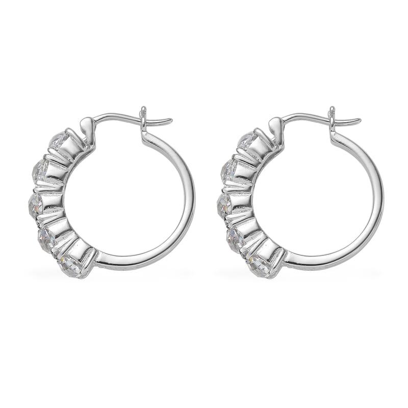 EverTrue Simulated Diamond Hoop Earrings and Half Eternity Band Ring (Size 9) in Stainless Steel