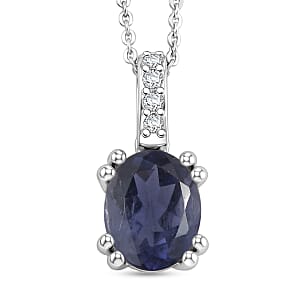 D'Joy Premium Catalina Iolite and White Zircon Pendant Necklace in Rhodium Over Sterling Silver (20 Inches) 1.75 ctw