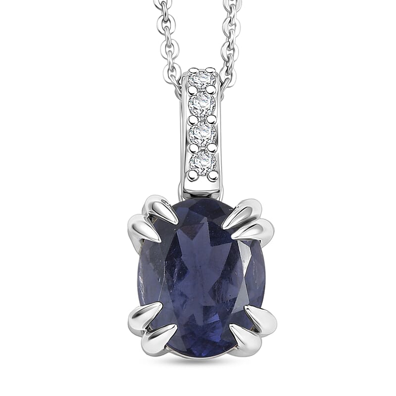 D'Joy Premium Catalina Iolite and White Zircon 1.75 ctw Pendant Necklace in Rhodium Over Sterling Silver 20 Inches