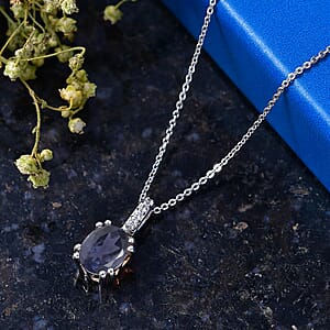 D'Joy Premium Catalina Iolite and White Zircon Pendant Necklace in Rhodium Over Sterling Silver (20 Inches) 1.75 ctw