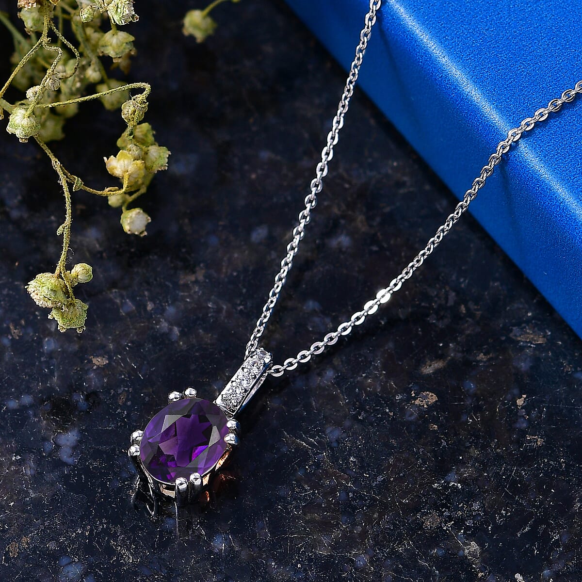 D'Joy Premium Lusaka Amethyst and White Zircon Pendant Necklace 1.75 ctw in Rhodium Over Sterling Silver 20 Inches image number 1
