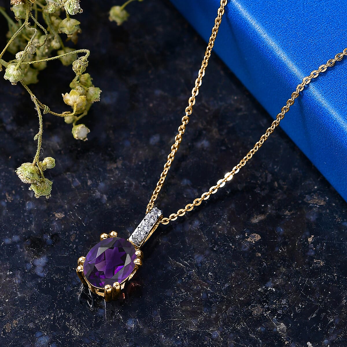 D'Joy Premium Lusaka Amethyst and White Zircon Pendant Necklace in 18K Vermeil Yellow Gold Over Sterling Silver (20 Inches) 1.75 ctw image number 1