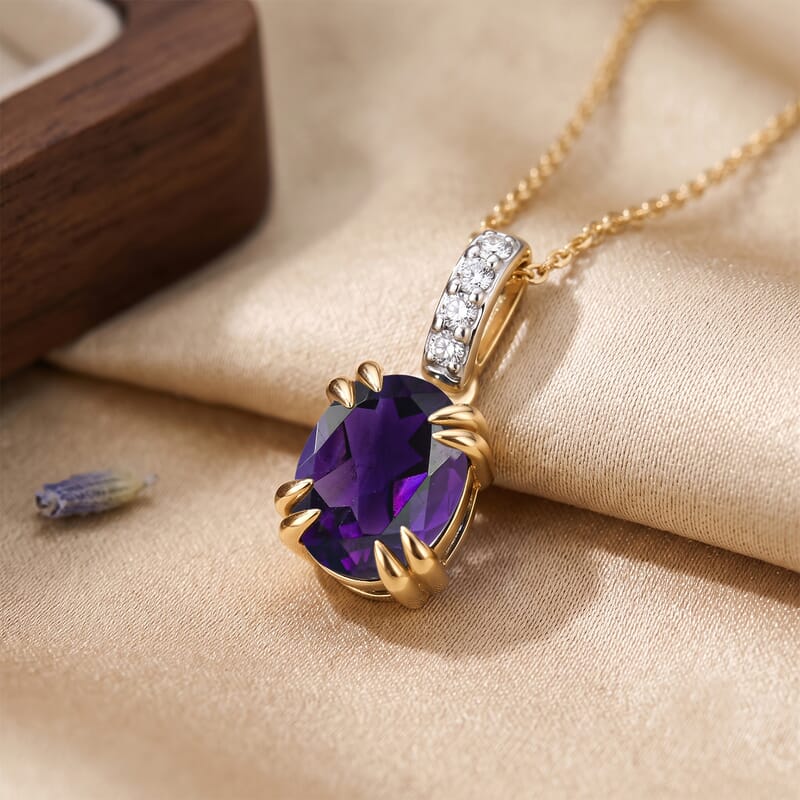 D'Joy Premium Lusaka Amethyst and White Zircon 1.75 ctw Pendant Necklace in 18K Vermeil Yellow Gold Over Sterling Silver 20 Inches