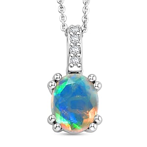 D'Joy Premium Ethiopian Welo Opal and White Zircon 1.10 ctw Pendant Necklace in Rhodium Over Sterling Silver 20 Inches 