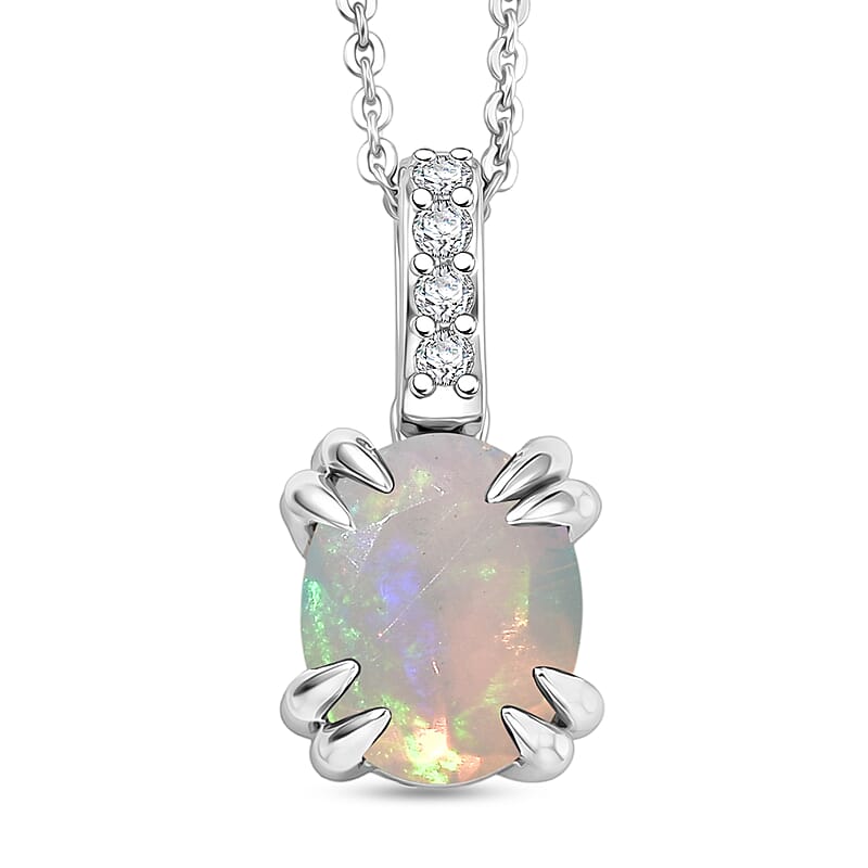D'Joy Premium Ethiopian Welo Opal and White Zircon 1.40 ctw Pendant Necklace in Rhodium Over Sterling Silver 20 Inches