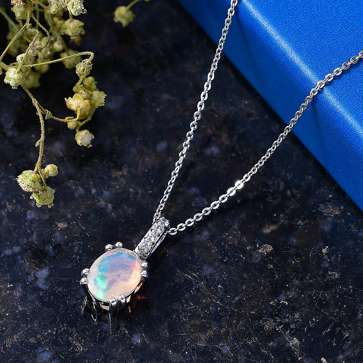 D'Joy Premium Ethiopian Welo Opal and White Zircon 1.10 ctw Pendant Necklace in Rhodium Over Sterling Silver 20 Inches  image number 1