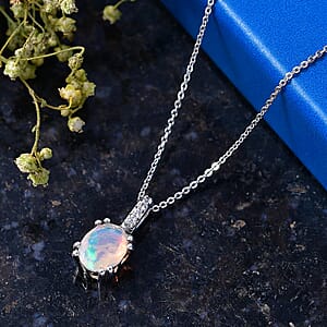 D'Joy Premium Ethiopian Welo Opal and White Zircon 1.10 ctw Pendant Necklace in Rhodium Over Sterling Silver 20 Inches 