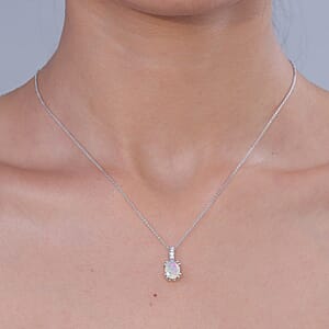 D'Joy Premium Ethiopian Welo Opal and White Zircon 1.10 ctw Pendant Necklace in Rhodium Over Sterling Silver 20 Inches 