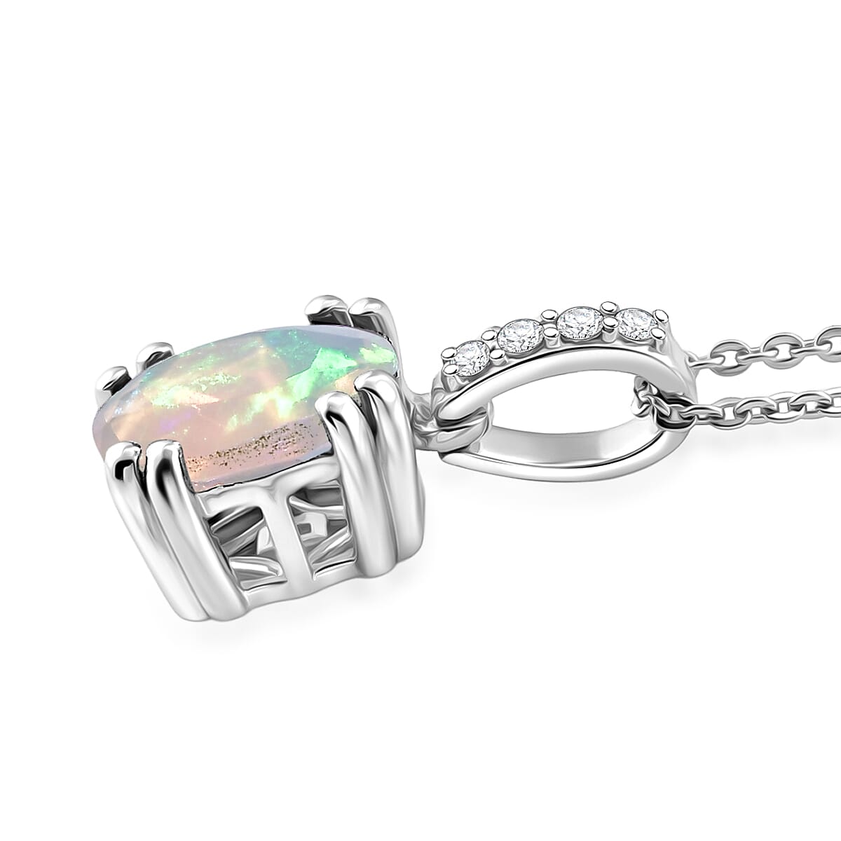 D'Joy Premium Ethiopian Welo Opal and White Zircon 1.40 ctw Pendant Necklace in Rhodium Over Sterling Silver 20 Inches