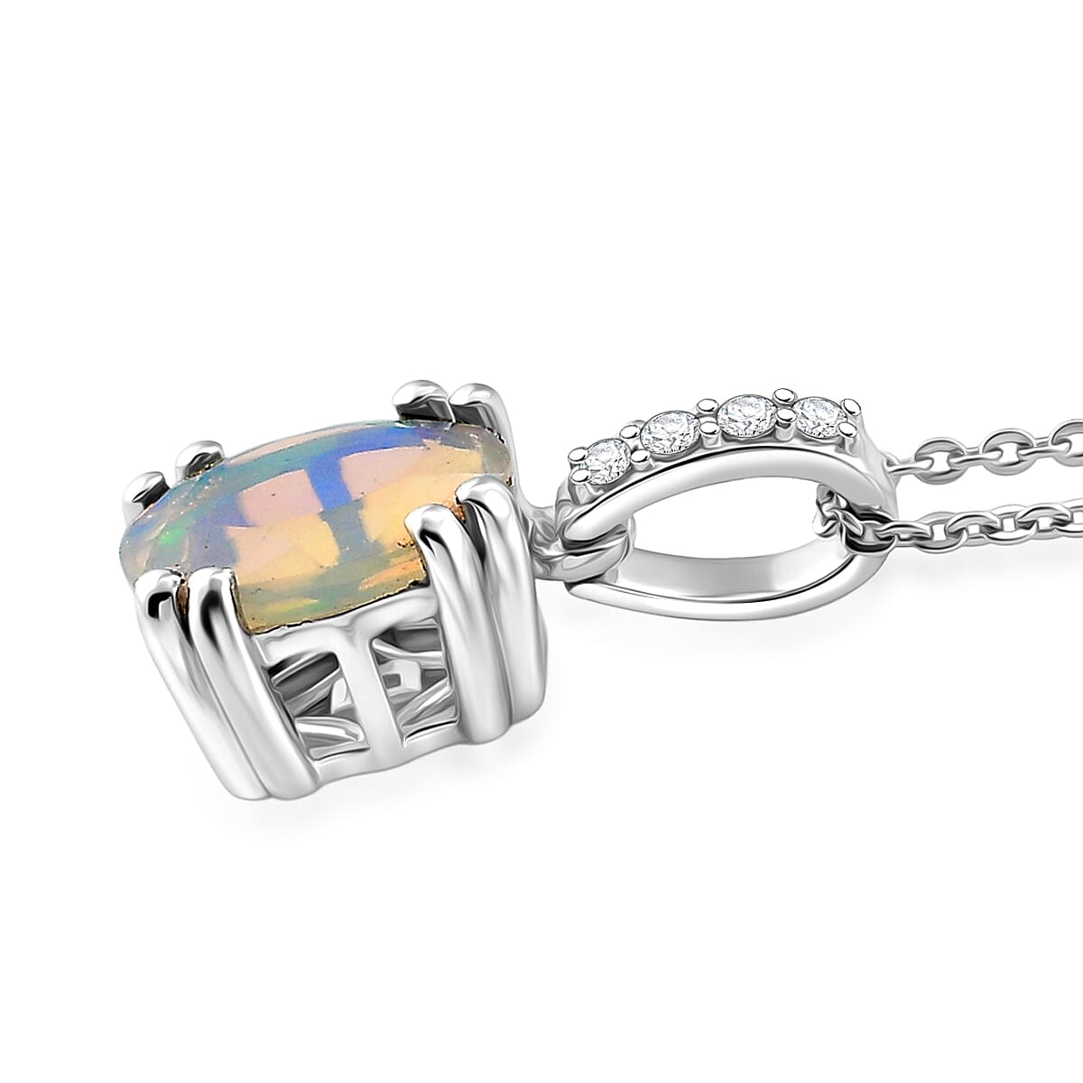 D'Joy Premium Ethiopian Welo Opal and White Zircon 1.10 ctw Pendant Necklace in Rhodium Over Sterling Silver 20 Inches  image number 3
