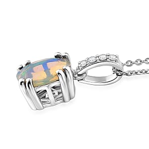 D'Joy Premium Ethiopian Welo Opal and White Zircon 1.10 ctw Pendant Necklace in Rhodium Over Sterling Silver 20 Inches 