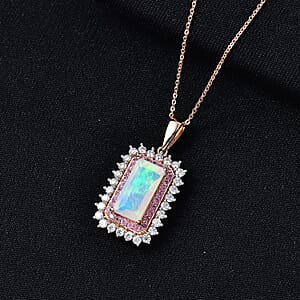 D'Joy AAA Ethiopian Welo Opal and Multi Gemstone 3.65 ctw Antique Mirror Pendant Necklace in 18K Vermeil Rose Gold Over Sterling Silver 20 Inches 