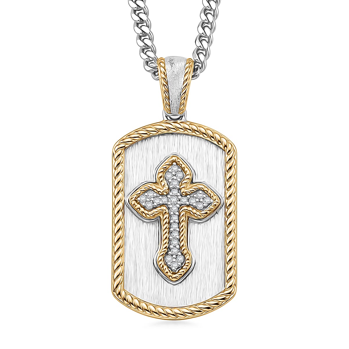 D'Joy Diamond 0.10 ctw Men's Guard Cross Pendant Necklace in 18K Vermeil YG and Rhodium Over Sterling Silver 24 Inches