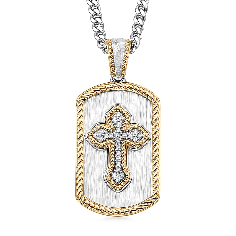 D'Joy Diamond 0.10 ctw Men's Guard Cross Pendant Necklace in 18K Vermeil YG and Rhodium Over Sterling Silver 24 Inches