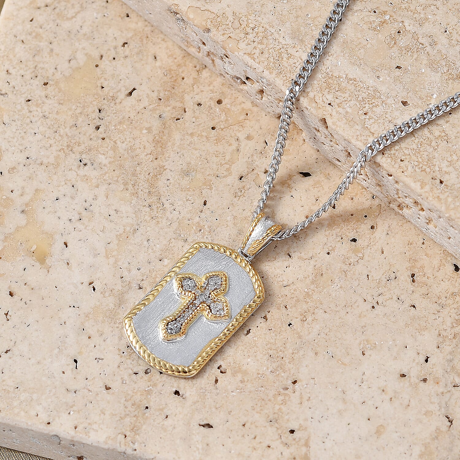 D'Joy Diamond 0.10 ctw Men's Guard Cross Pendant Necklace in 18K Vermeil YG and Rhodium Over Sterling Silver 24 Inches