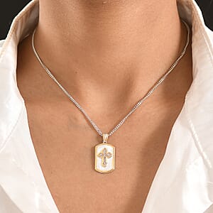 D'Joy Diamond 0.10 ctw Men's Guard Cross Pendant Necklace in 18K Vermeil YG and Rhodium Over Sterling Silver 24 Inches 