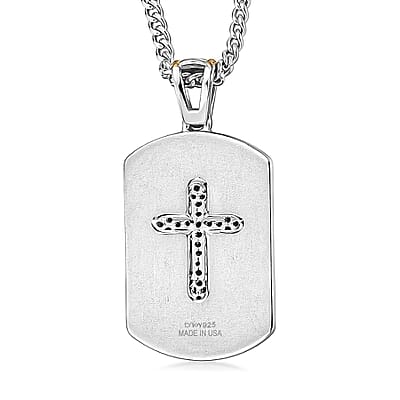 D'Joy Diamond 0.10 ctw Men's Guard Cross Pendant Necklace in 18K Vermeil YG and Rhodium Over Sterling Silver 24 Inches