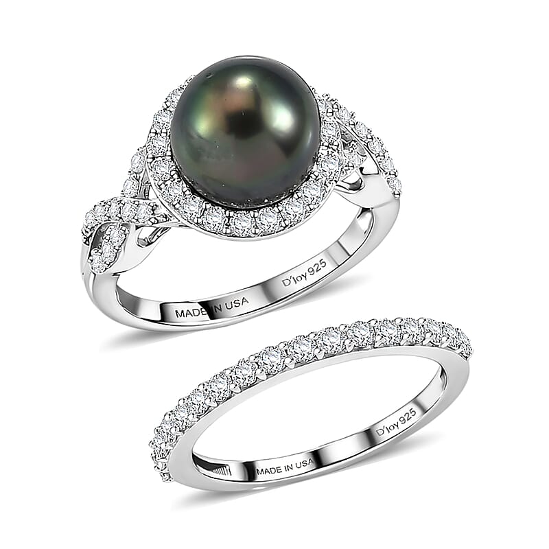 D'Joy Premium Tahitian Pearl and Moissanite 1.20 ctw Set of 2 Stackable Ring in Rhodium Over Sterling Silver (Size 6)