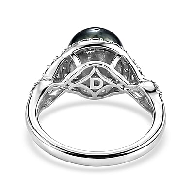 D'Joy Premium Tahitian Pearl and Moissanite 1.20 ctw Set of 2 Stackable Ring in Rhodium Over Sterling Silver (Size 6)
