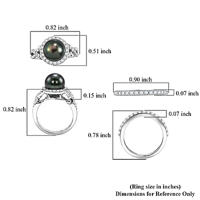 D'Joy Premium Tahitian Pearl and Moissanite 1.20 ctw Set of 2 Stackable Ring in Rhodium Over Sterling Silver (Size 6)