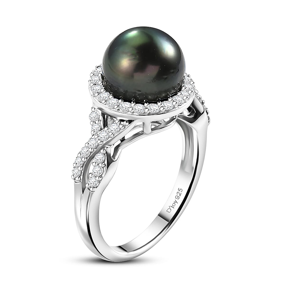 D'Joy Premium Tahitian Pearl and Moissanite 1.20 ctw Set of 2 Stackable Ring in Rhodium Over Sterling Silver (Size 8)