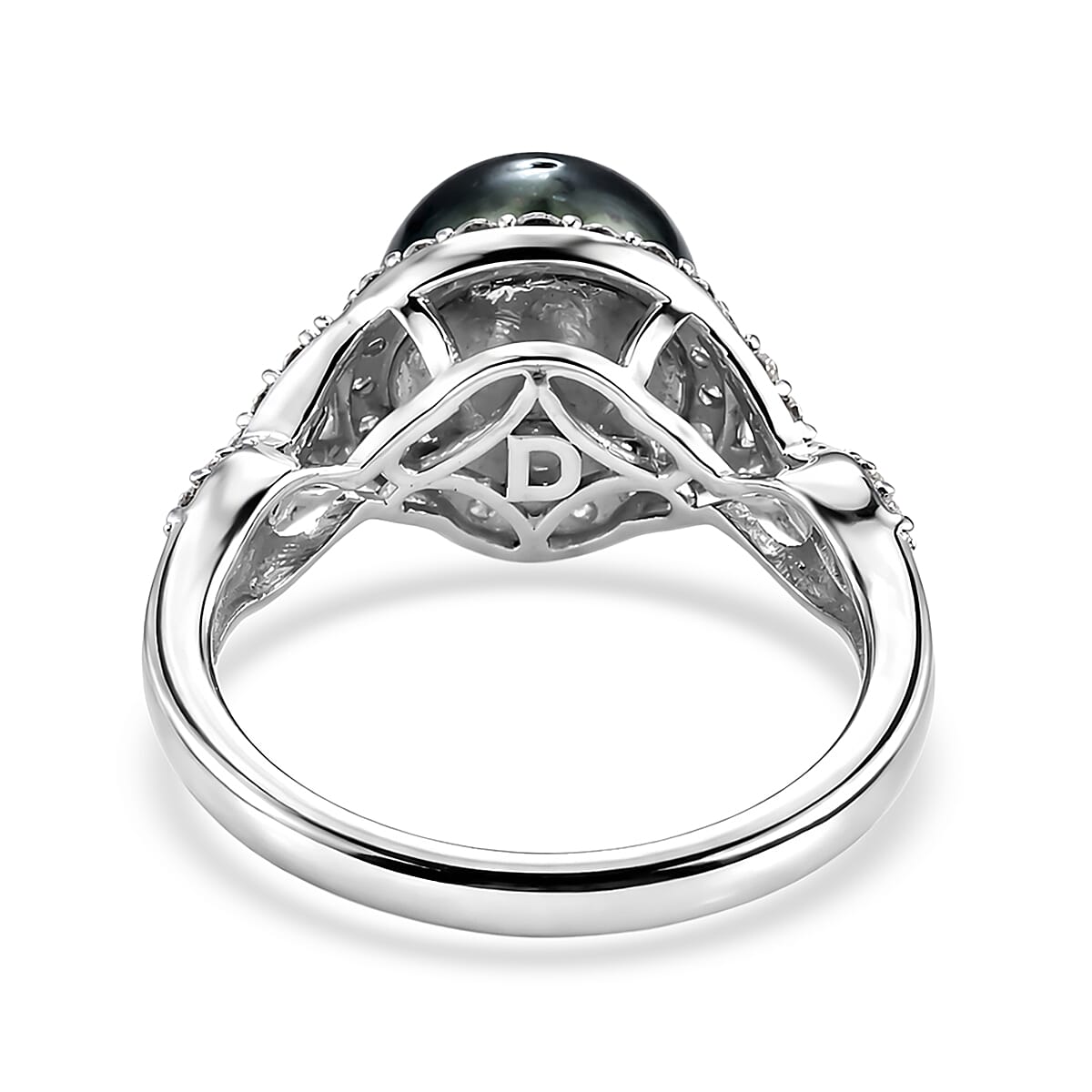 D'Joy Premium Tahitian Pearl and Moissanite 1.20 ctw Set of 2 Stackable Ring in Rhodium Over Sterling Silver (Size 8)