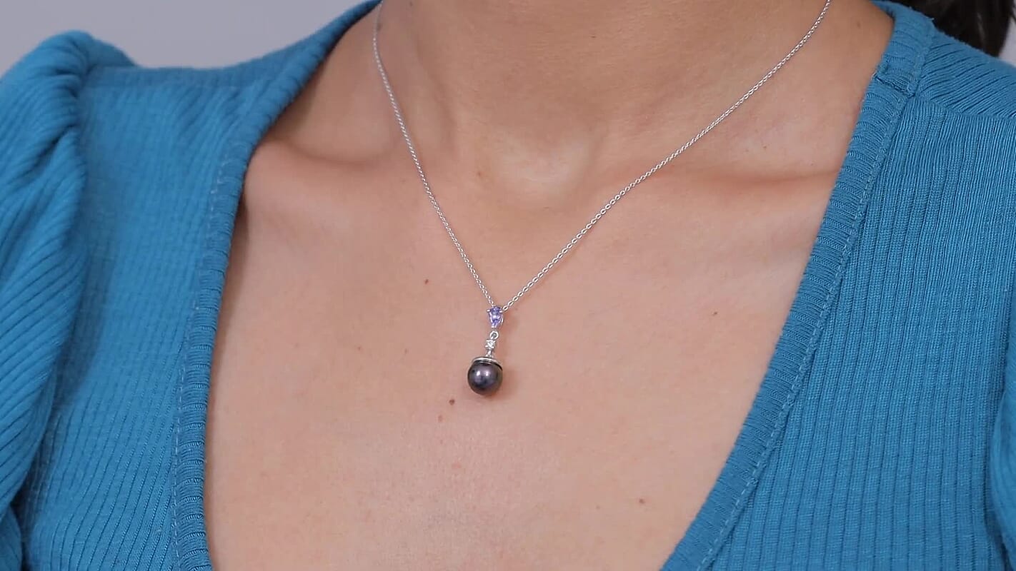 D'Joy Premium Tahitian Pearl and Multi Gemstone 0.25 ctw Twilight Ocean Mist Pendant Necklace in Rhodium Over Sterling Silver 20 Inches
