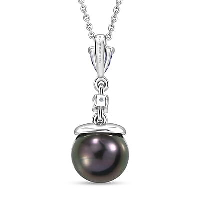 D'Joy Premium Tahitian Pearl and Multi Gemstone 0.25 ctw Twilight Ocean Mist Pendant Necklace in Rhodium Over Sterling Silver 20 Inches