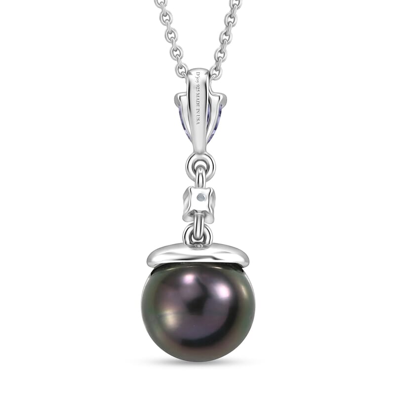 D'Joy Premium Tahitian Pearl and Multi Gemstone 0.25 ctw Twilight Ocean Mist Pendant Necklace in Rhodium Over Sterling Silver 20 Inches