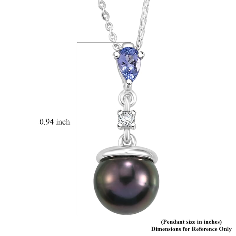 D'Joy Premium Tahitian Pearl and Multi Gemstone 0.25 ctw Twilight Ocean Mist Pendant Necklace in Rhodium Over Sterling Silver 20 Inches