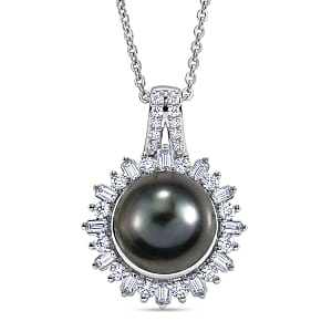 D'Joy Premium Tahitian Pearl and Moissanite 0.40 ctw Sunburst Pendant Necklace in Rhodium Over Sterling Silver 20 Inches